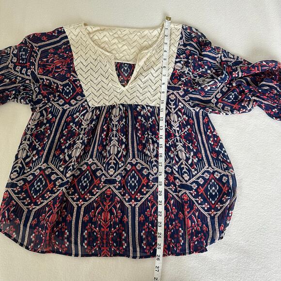 Bohemian Style Tunic Top Loose Flowy 100% Silk Embroidered Crocheted Yoke Size S - Picture 6 of 8